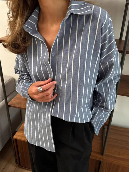 Long Sleeves Loose Buttoned Contrast Color Split-Joint Striped Lapel Blouses&Shirts Tops