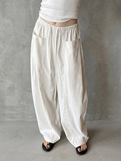 Loose Wide Leg Drawstring Pockets Solid Color Pants