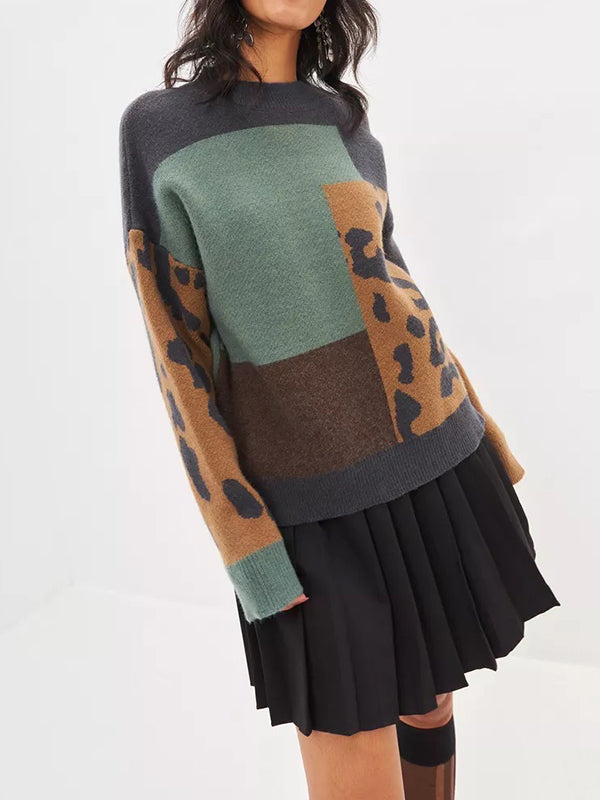 Long Sleeves Loose Contrast Color Leopard Split-Joint Round-Neck Pullovers Sweater Tops