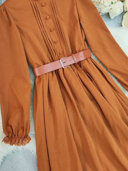 A-Line Elasticated Waist Belted Buttoned Contrast Color Pleated Split-Joint Stand Collar Maxi Dresses Shirt Dress