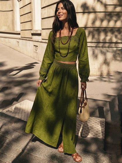 Split-side Solid Color Backless Long Sleeves High Waisted Square-neck Two Pieces Set Skirts Bottoms + Blouses&shirts Tops