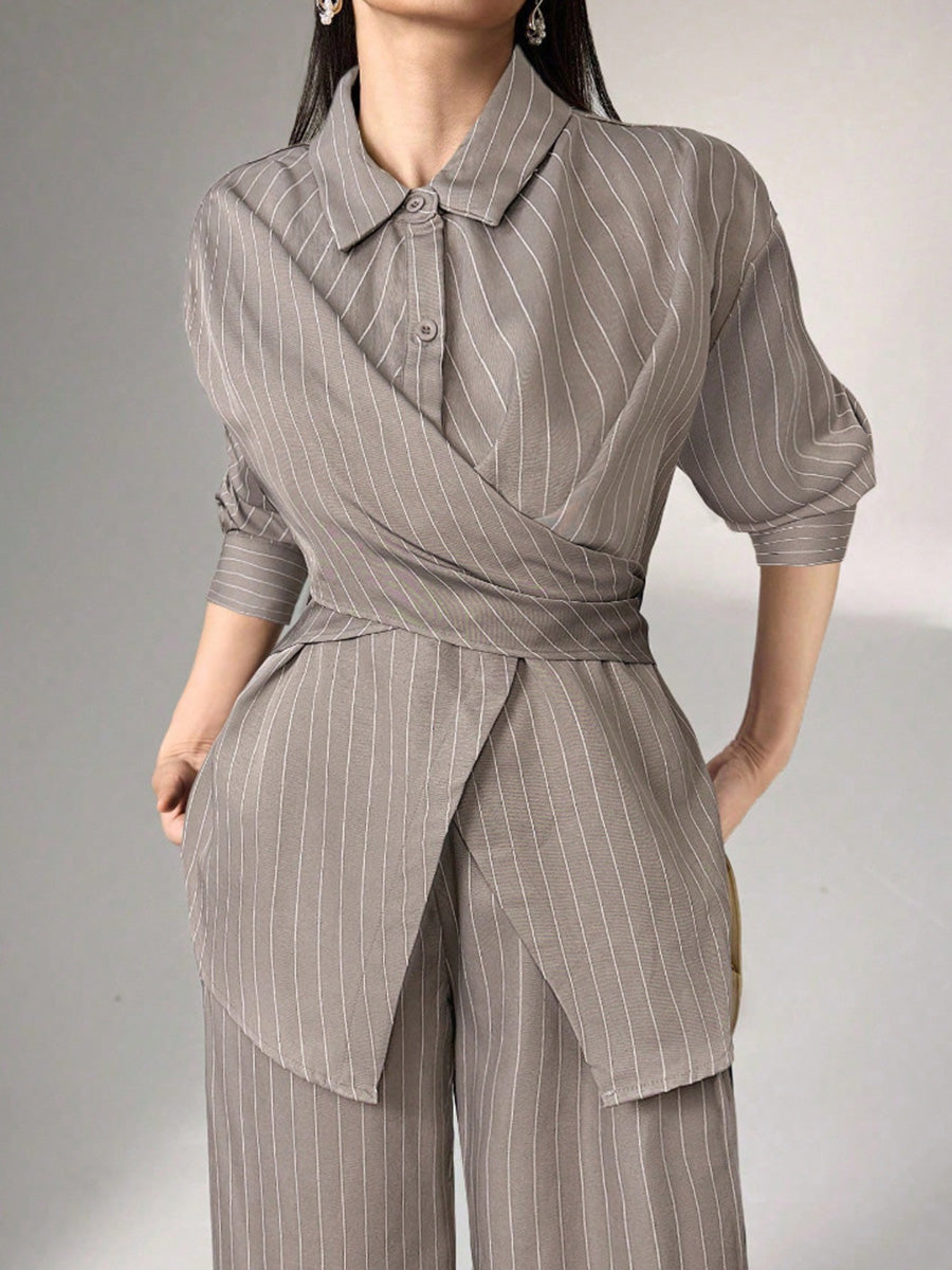 Striped Lapel Irregular Buttoned Wrap Tied Waist Blouse Tops + High Waist Wide Leg Trousers Bottoms Two Pieces Set