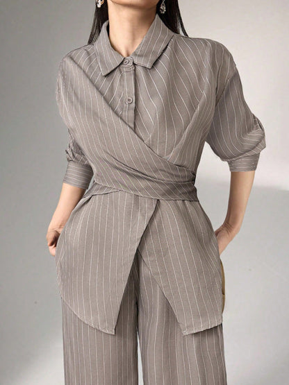 Striped Lapel Irregular Buttoned Wrap Tied Waist Blouse Tops + High Waist Wide Leg Trousers Bottoms Two Pieces Set