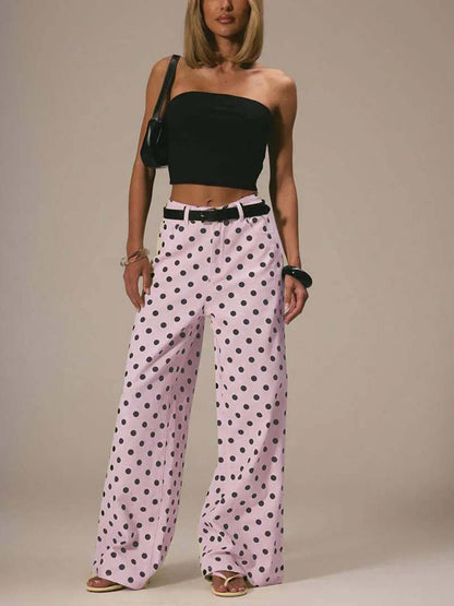 High Waisted Wide Leg Buttoned Contrast Color No Belt Polka Dot Zipper Pants Trousers