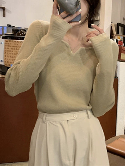 Long Sleeves Skinny Colorful Solid Color V-Neck Knitwear Pullovers Sweater Tops