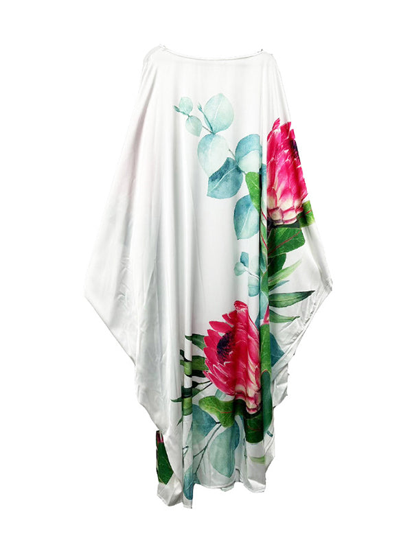 Batwing Sleeves Loose Flower Print Tied Round-Neck Maxi Dresses