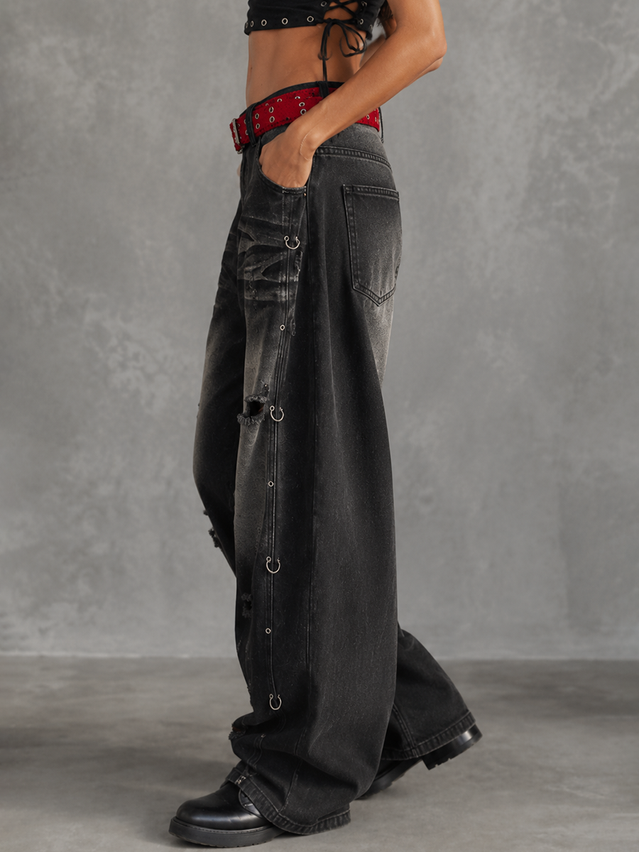 High Waisted Wide Leg Belt Buckle Hollow Pockets Printed Ripped Split-Joint Jean Pants Bottoms