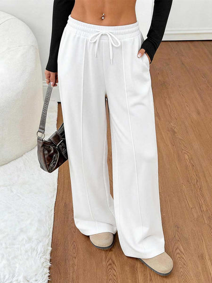 Solid Color Pockets Elasticity Drawstring Wide Leg Loose Trousers Pants