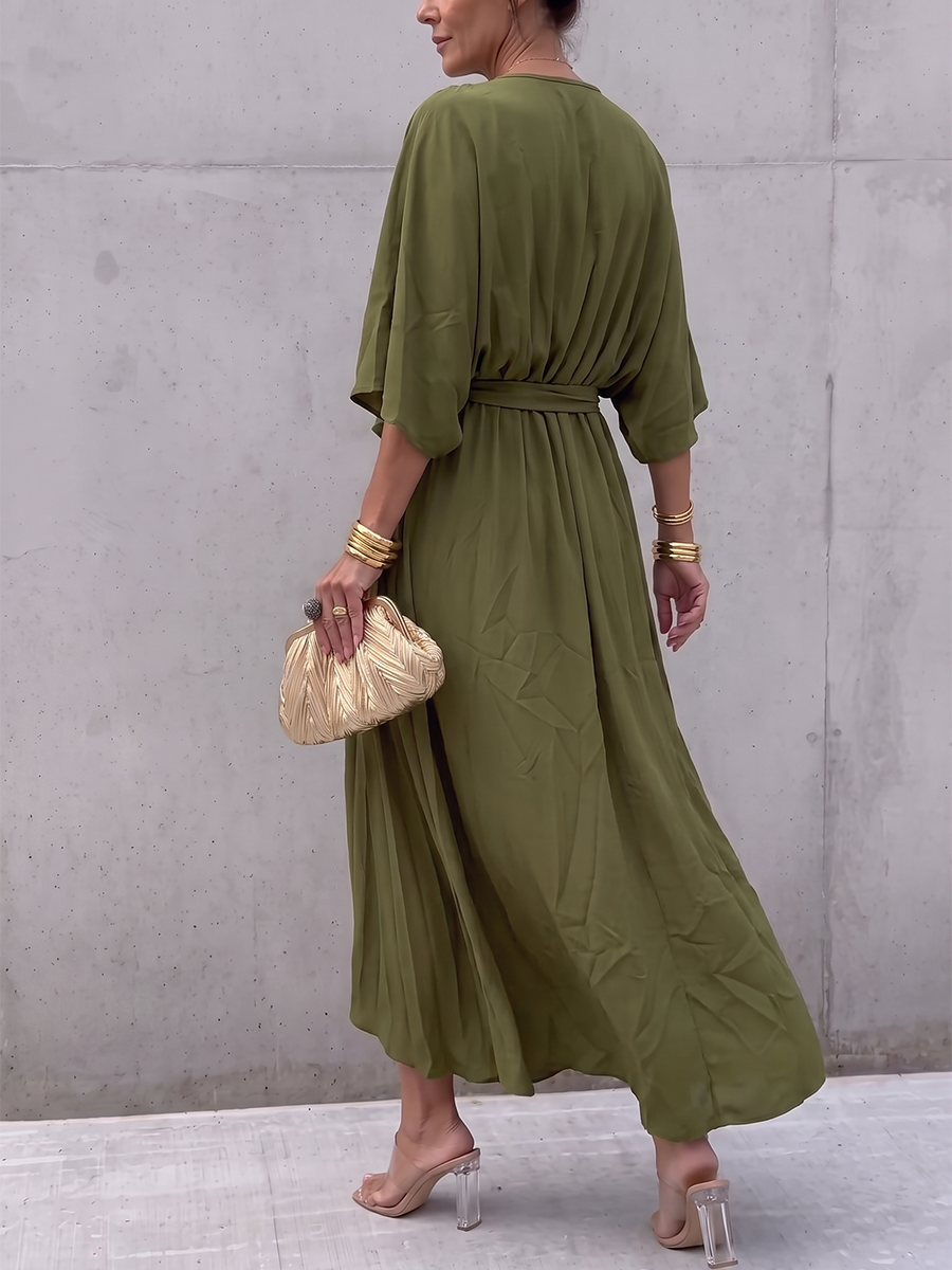 Tied Solid Color See-Through Pleated Asymmetric Plus Size Long Sleeves V-neck Maxi Dresses