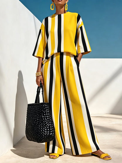 Striped Pockets Elasticity Contrast Color Wide Leg Loose Trousers Pants