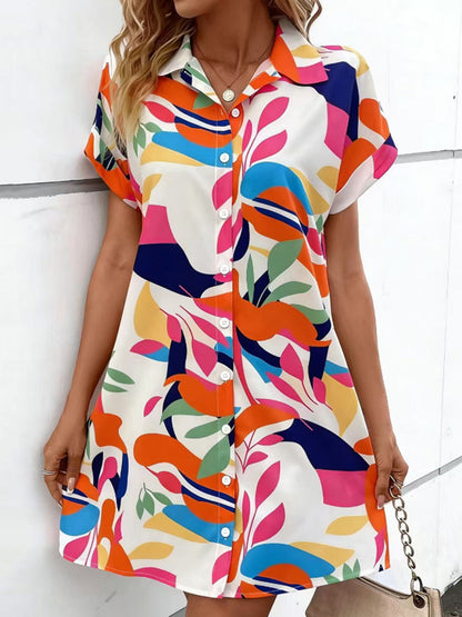 Short Sleeves Buttoned Contrast Color Printed Lapel Mini Dresses Shirt Dress