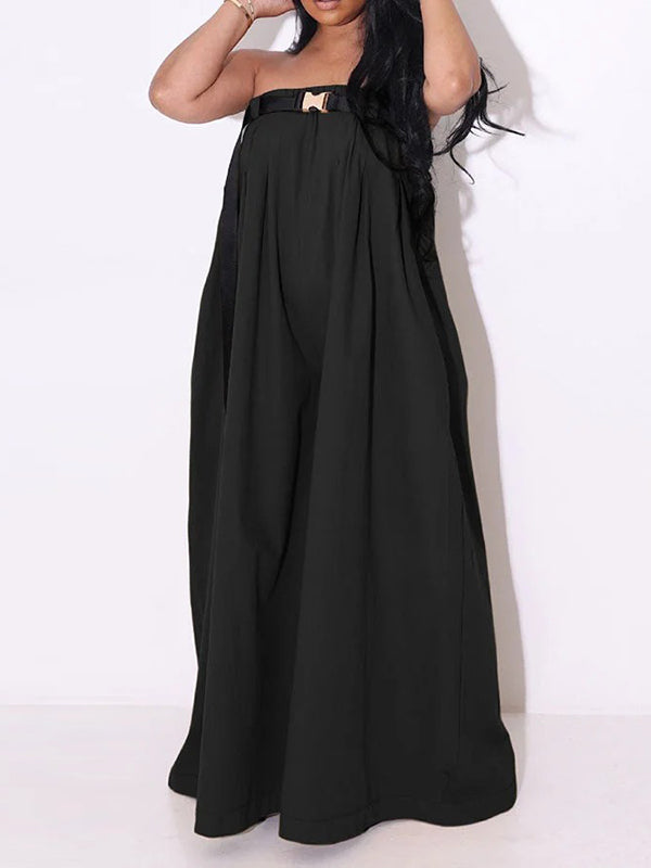 Loose Sleeveless Belted Pleated Pockets Solid Color Tube Jumpsuits