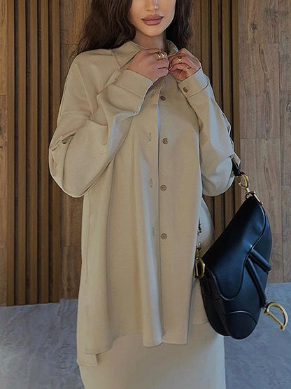 Solid Color High-Low Long Sleeves Buttoned Split-Side Lapel Shirts Top   Skirts Bottom Two Pieces Set