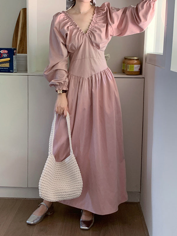 Bishop Sleeve Long Sleeves Elasticity Pleated Ruffled Solid Color Split-Joint Deep V-Neck Midi Dresses