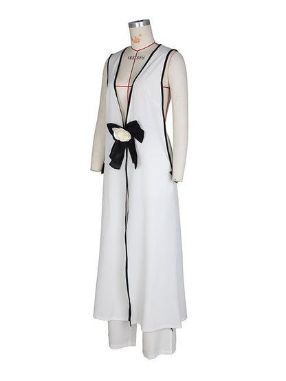 Sleeveless Contrast Color Split-Joint V-Neck Top + Wide Leg Pants Trousers Two Pieces Set