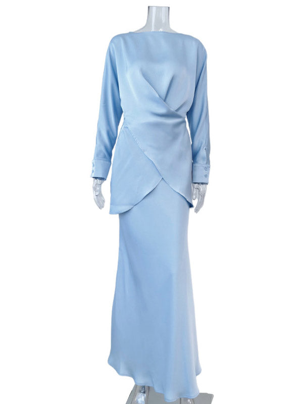 Loose Solid Color Split-Joint Boat Neck Long Sleeves Blouse & Shirt + Skirt Two Pieces Set