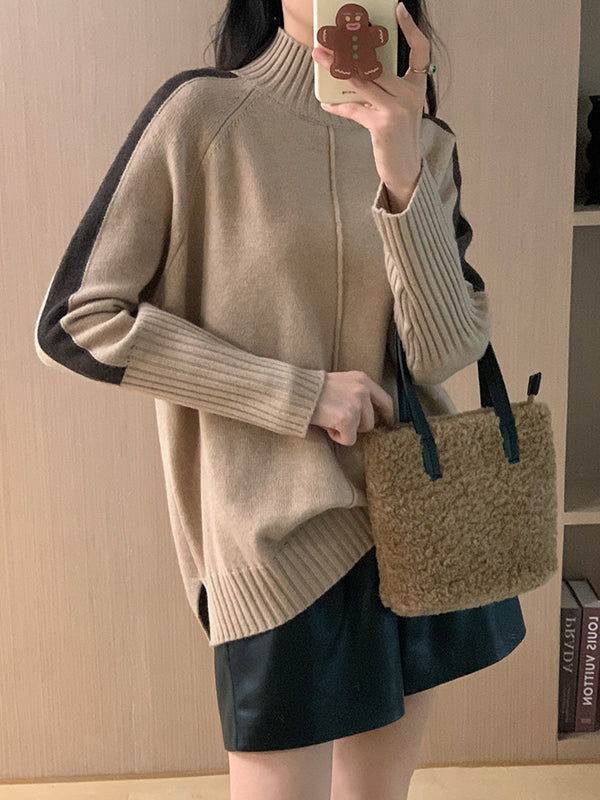 High-Low Long Sleeves Contrast Color Split-Joint Split-Side High Neck Pullovers Sweater Tops