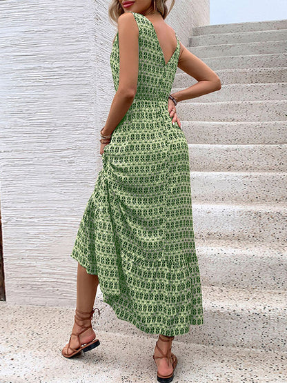 High Waisted Sleeveless Contrast Color Printed Tied Waist V-Neck Maxi Dresses