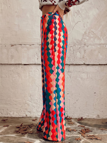 High Waisted Plus Size Buttoned Pockets Printed Pants Trousers