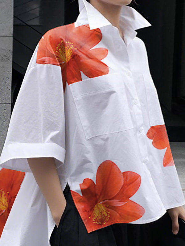 Half Sleeves High-Low Buttoned Flower Print Pockets Split-Side Stand Collar Blouses&Shirts Tops