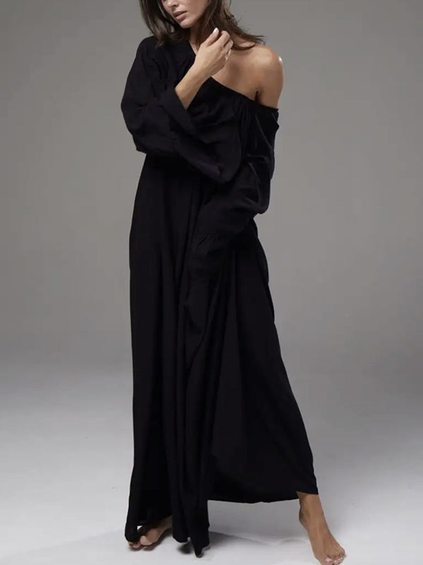 A-Line Flared Sleeves Pleated Solid Color Split-Joint Round-Neck Maxi Dresses