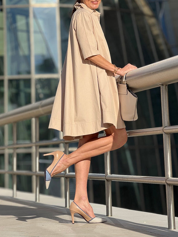 A-Line Short Sleeves Solid Color Split-Joint Lapel Mini Dresses Shirt Dress