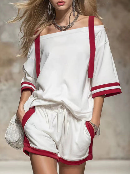 Half Sleeves Loose Contrast Color Drawstring Pockets Off-The-Shoulder T-Shirt Top + Shorts Bottom Two Pieces Set
