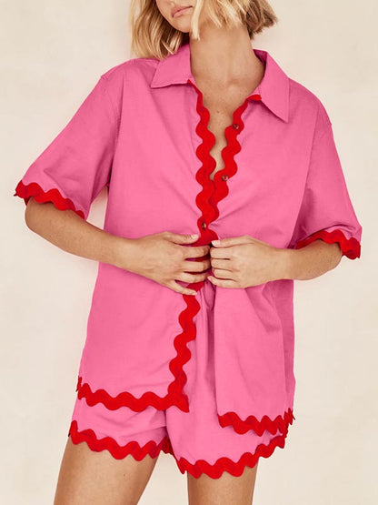 Loose Contrast Color Shirts Tops & Shorts Two Pieces Set