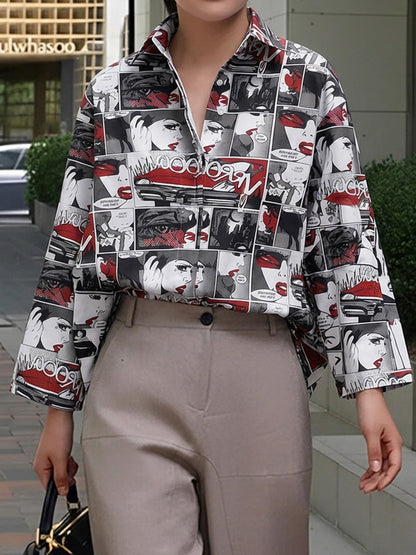 Long Sleeves Loose Buttoned Contrast Color Figure Printed Lapel Blouses&Shirts Tops