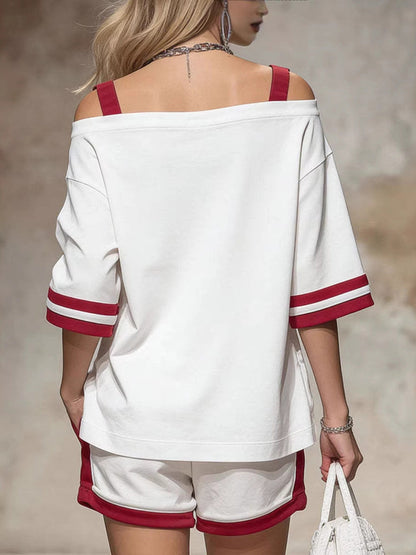 Half Sleeves Loose Contrast Color Drawstring Pockets Off-The-Shoulder T-Shirt Top + Shorts Bottom Two Pieces Set