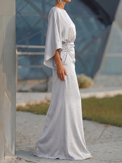 Batwing Sleeves Mermaid Backless Pockets Ruched Solid Color Round-Neck Maxi Dresses