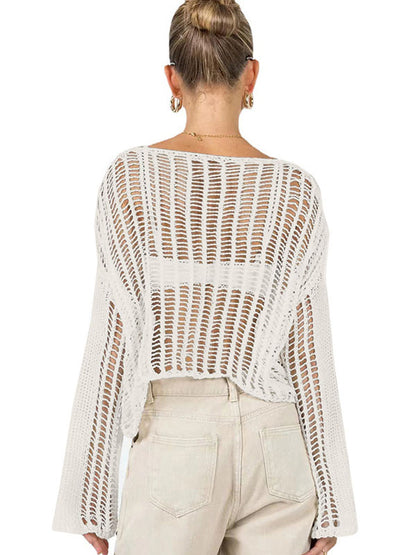 Long Sleeves Loose Hollow See-Through Solid Color Sun protection Round-neck Cover-Ups Tops Knitwear Pullovers