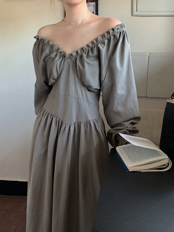 Bishop Sleeve Long Sleeves Elasticity Pleated Ruffled Solid Color Split-Joint Deep V-Neck Midi Dresses