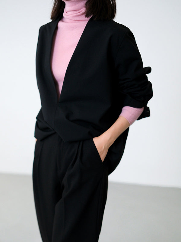 Long Sleeves Loose Solid Color Deep V-Neck Blouses&Shirts Tops