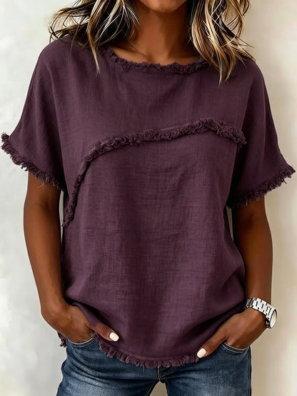 Loose Short Sleeves Fringed Solid Color Split-Joint Round-Neck T-Shirts Tops