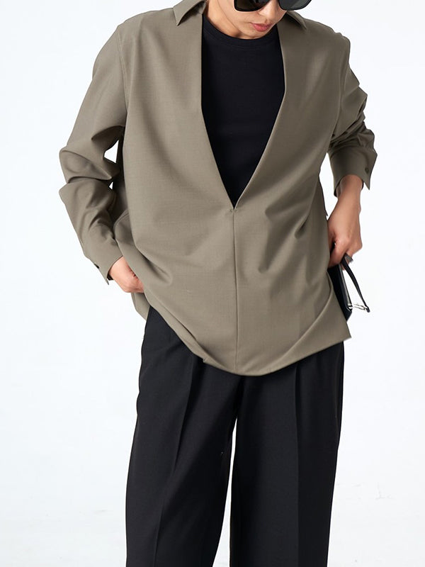 Long Sleeves Loose Solid Color Deep V-Neck Blouses&Shirts Tops