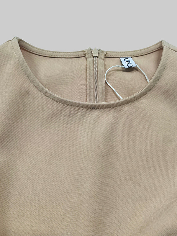 High Waisted Loose Pleated Solid Color Round-Neck Midi Dresses