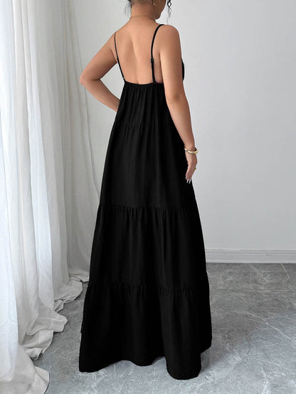 A-Line Sleeveless Backless Drawstring Pleated Solid Color Spaghetti-Neck Maxi Dresses