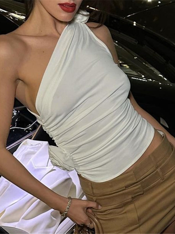 Skinny Sleeveless Asymmetric Pleated Solid Color Three-Dimensional Flower One-Shoulder Vest Top
