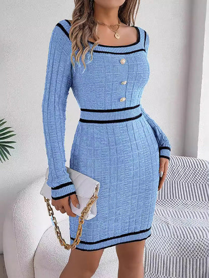 Bodycon Long Sleeves Buttoned Contrast Color Plaid Square-Neck Mini Dresses Sweater Dresses
