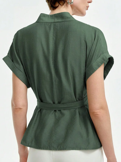 Loose Short Sleeves Buttoned Solid Color Tied Waist V-Neck Blouses&Shirts Tops