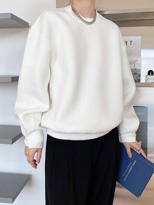 Long Sleeves Loose Solid Color Round-Neck Sweatshirt Tops