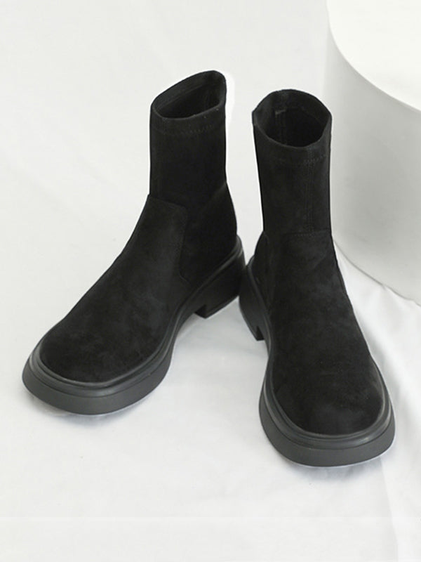 Chunky Shoes Round-Toe Split-Joint Velvet Boots