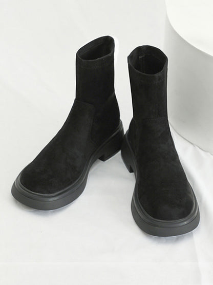 Chunky Shoes Round-Toe Split-Joint Velvet Boots