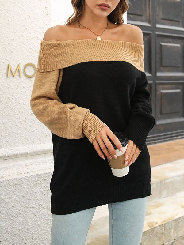 Loose Puff Sleeves Contrast Color Hollow Split-Joint Off-The-Shoulder Sweater