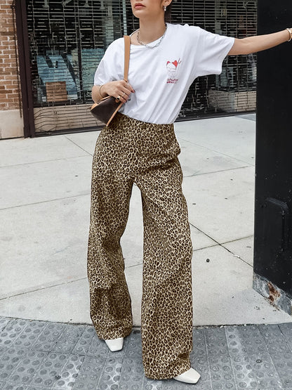 High Waisted Loose Leopard Printed Split-Joint Pants Trousers