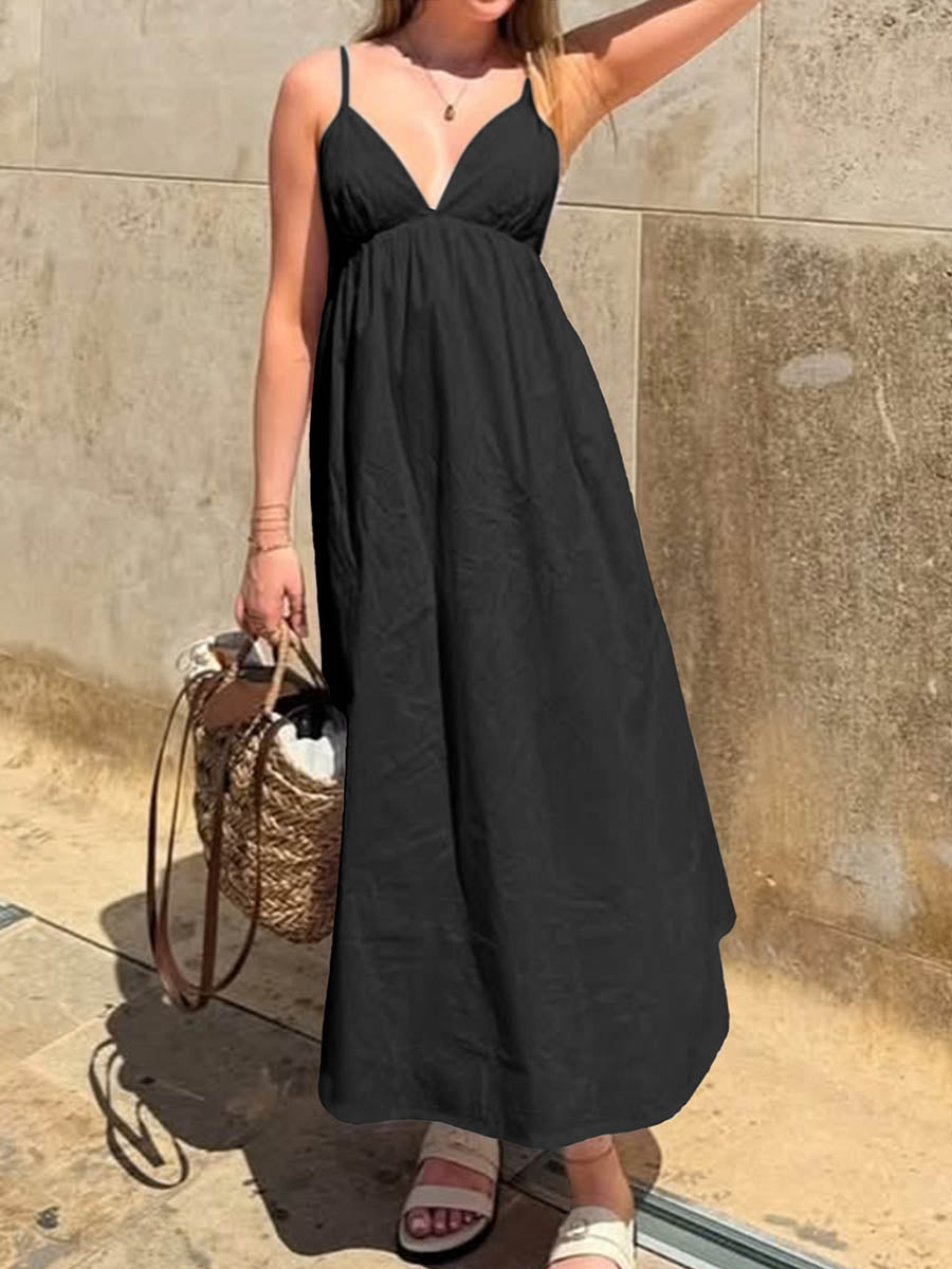 Solid Color Pleated Elasticity Backless Sleeveless High Waisted Spaghetti-Neck Midi Dresses