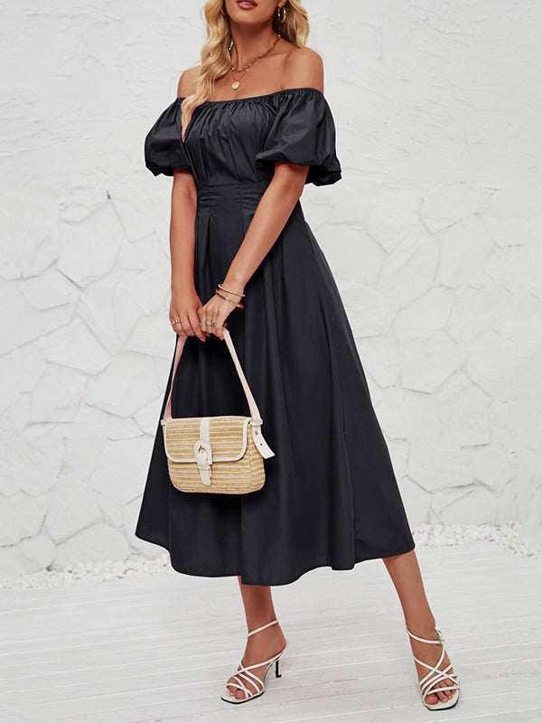 Loose Puff Sleeves Elasticity Pleated Solid Color Split-Joint Off-The-Shoulder Midi Dresses