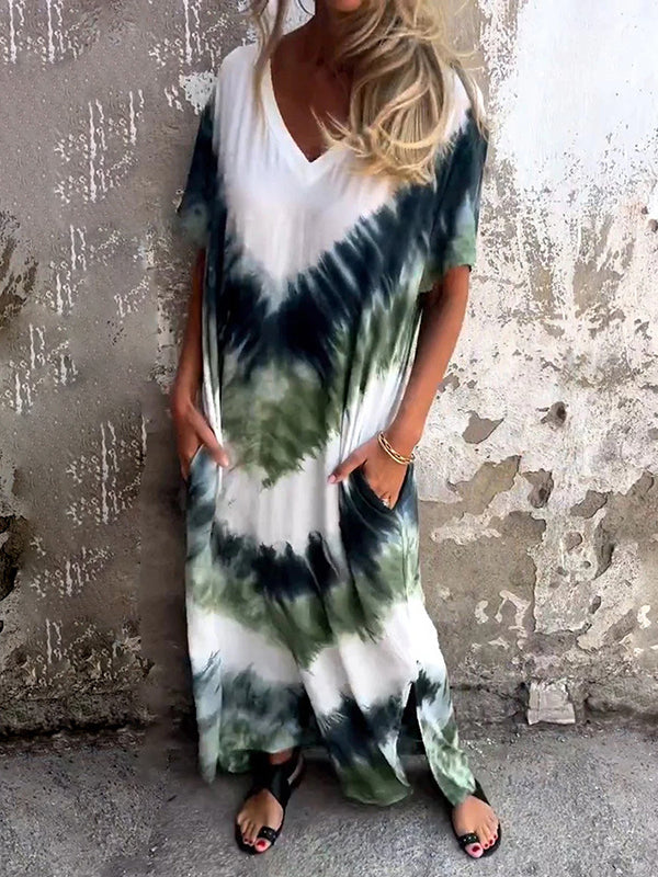 A-Line Loose Contrast Color Pockets Tie-Dyed V-Neck Maxi Dresses