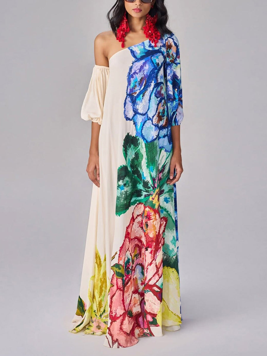 Loose Puff Sleeves Asymmetric Contrast Color Elasticity Flower Print Split-Joint One-Shoulder Maxi Dresses